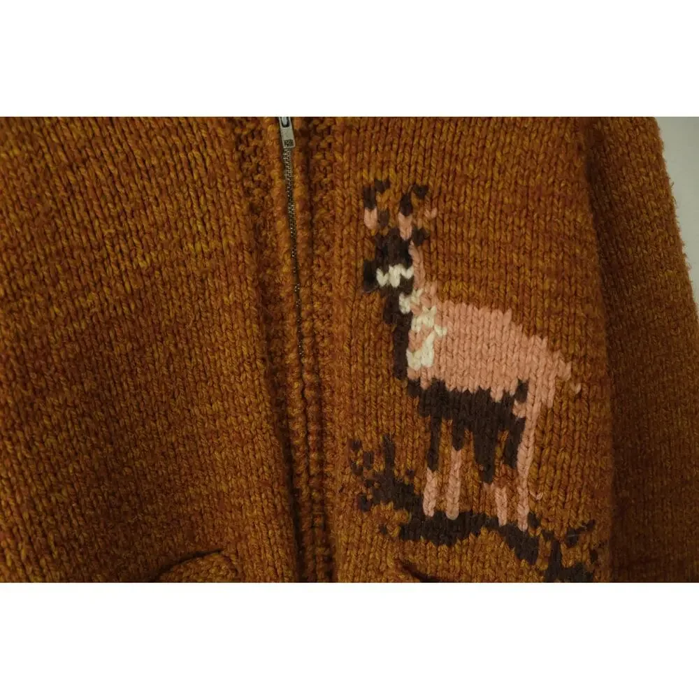 Vintage Cowichan Style Handmade Pronghorn Antelope Knit Sweater Brown Women's Sm - Picture 4 of 4